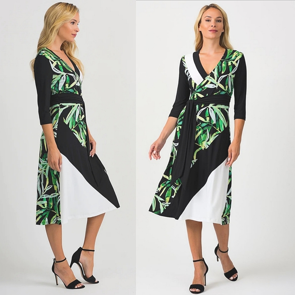 Joseph Ribkoff Colorblock Tropical Print Faux Wrap Jersey Dress XL 14